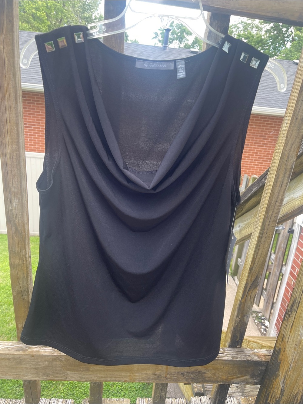 NY Collection Black Draped Neck Sleeveless Top with Stud Accents
